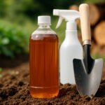 Giấm gỗ trong nông nghiệp, chai giấm gỗ trên đất vườn cùng bình xịt và xẻng trồng cây
