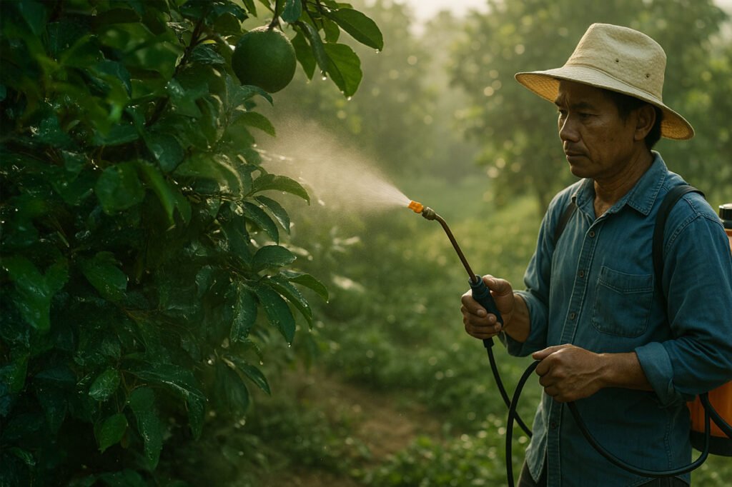 Người nông dân đang phun giấm gỗ lên cây bưởi