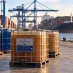 Bồn IBC chứa giấm gỗ Maya Farm tại cảng container, phía sau là tàu hàng và hệ thống cần cẩu.