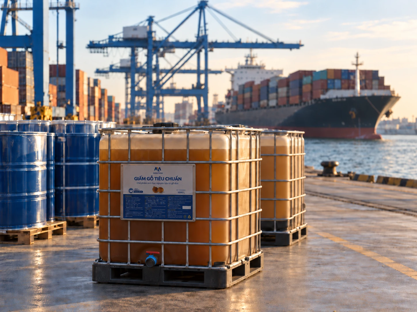 Bồn IBC chứa giấm gỗ Maya Farm tại cảng container, phía sau là tàu hàng và hệ thống cần cẩu.