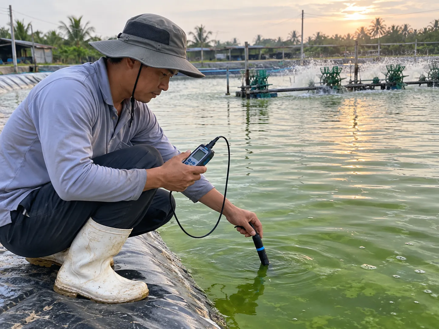 Người nuôi tôm đang đo chất lượng nước bằng máy cầm tay tại ao nuôi có nước xanh và hệ thống quạt nước đang vận hành.
