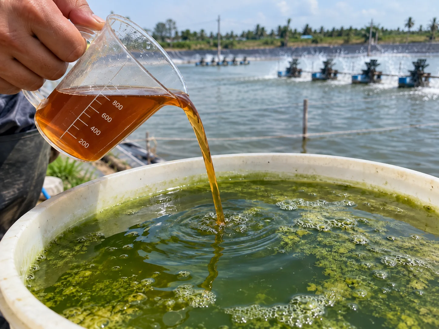 Cận cảnh một người rót dung dịch giấm gỗ màu nâu hổ phách từ ca đong có vạch chia vào thùng nước ao phủ tảo xanh, phía sau là ao nuôi tôm với dàn quạt nước đang hoạt động.